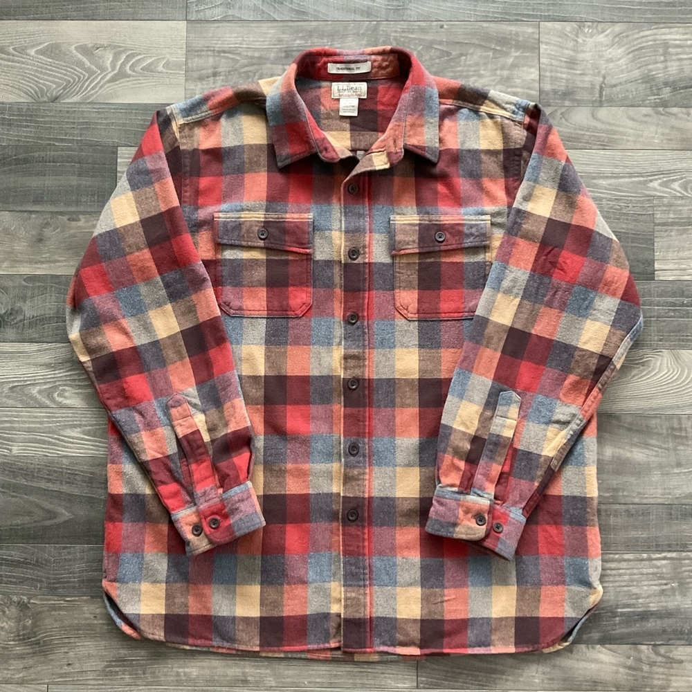 LL Bean Chamois Shirt Men’s Size XL Orange Brown Tan Plaid Button Up 277981